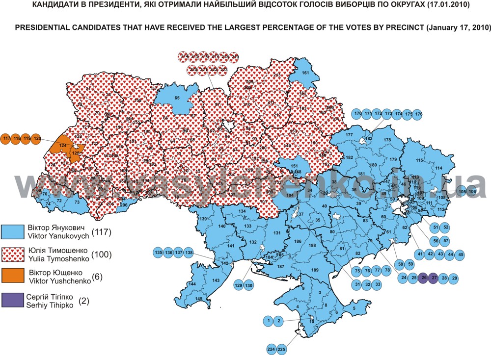 Электоральная карта результатов президентских выборов в Украине 17 января 2010-карта раздела Украины 