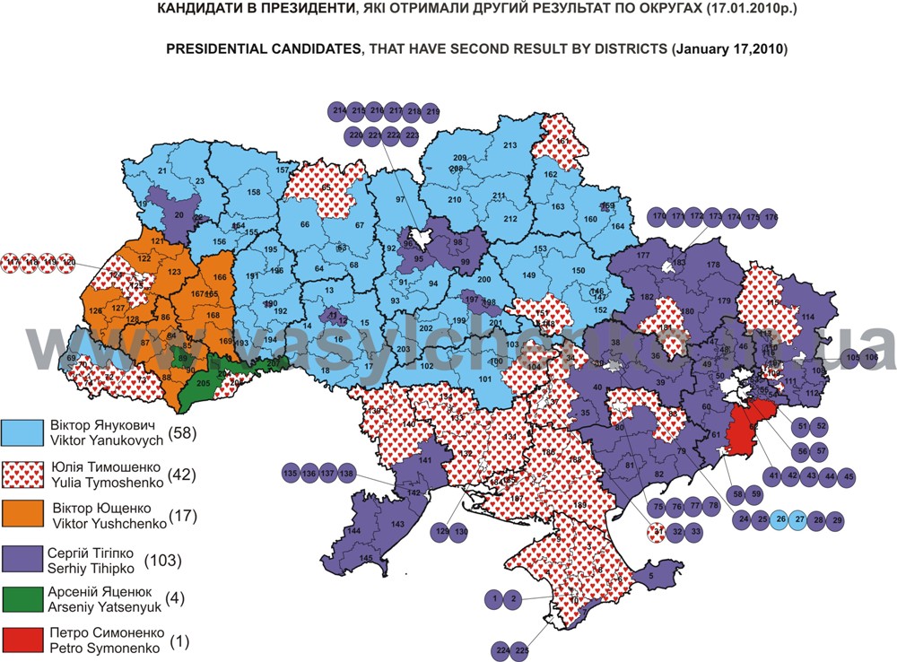Электоральная карта результатов президентских выборов в Украине 17 января 2010-карта раздела Украины 